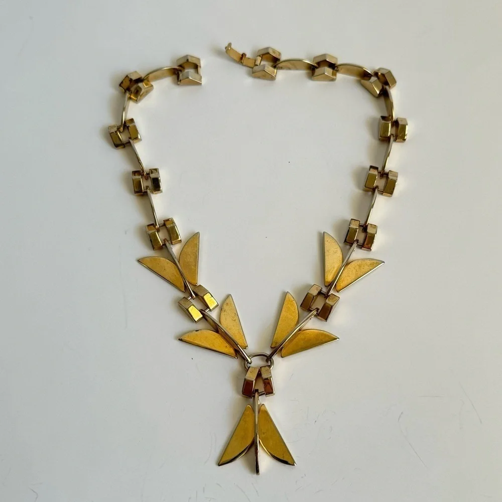 Vintage Modernist Necklace Gold Tone Retro Geometric 60s Collar Bib Runway Piece